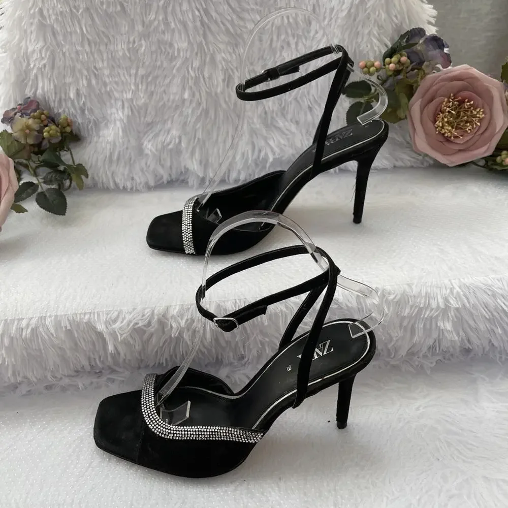 ZARA Black Rhinestone Square Toe Slingback Stiletto Heels EU 39 Women’s - Picture 2 of 8